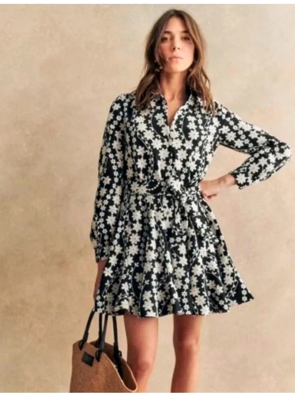 Sézane Pippa Dress Floral Mini Black & White
